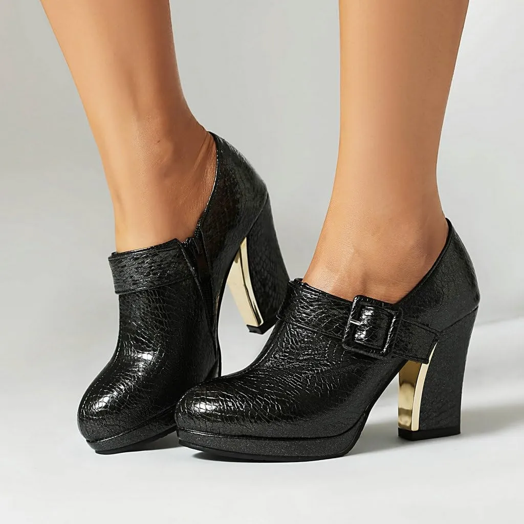 DINTAHA Womens Platform Chunky Heel Booties Block High Heeled Ankle Boots With Buckle