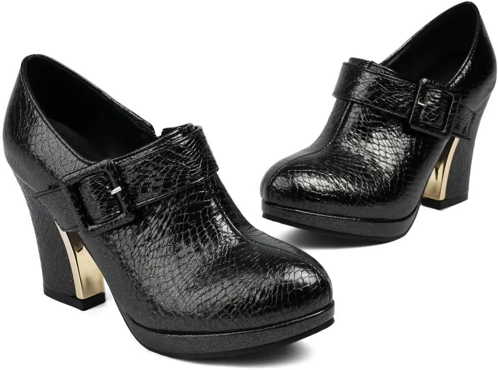 DINTAHA Womens Platform Chunky Heel Booties Block High Heeled Ankle Boots With Buckle