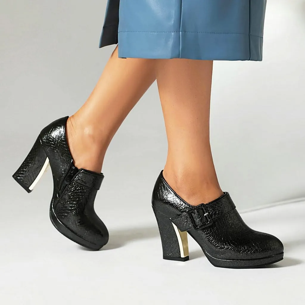 DINTAHA Womens Platform Chunky Heel Booties Block High Heeled Ankle Boots With Buckle