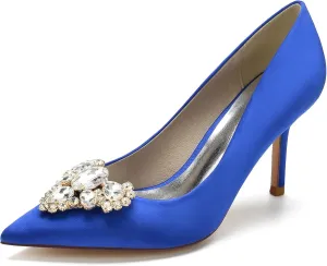 FufoneUS Women's Stiletto High Heel Dress Pumps Pointed Toe Bridal Wedding Evening Prom Shoes with Crystal,Blue,7