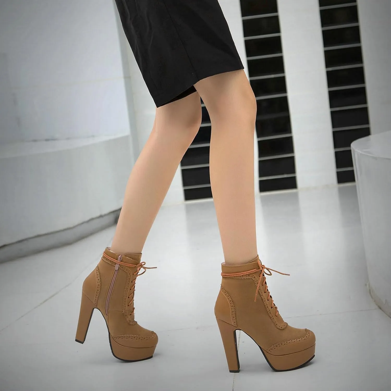KiutSymo Womens Ankle Boots Platform Lace Up Heel Boots Gothic Punk Combat Boots Round Toe Chunky High Heel Booties Side Zipper Fall Short Boots