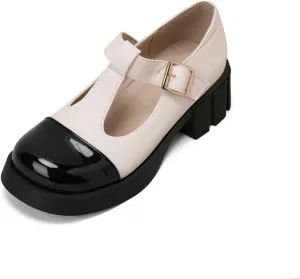 Loafers for Women Women's Leather Patchwork T-Strap Goth Pumps Stylish Platform Footwear for Girls and Ladies
