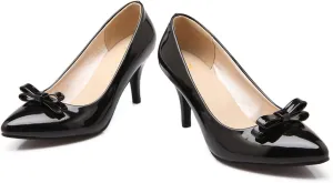 MOOMMO Sexy Pointed Toe Stiletto Heels Bow for Women Slip On Patent Leather Pumps Bow Knot Cute 3 Inch Mid Heel Dress Shoes Wedding Bridal Evening Party Stilettos Sandals Comfort Chic 4-11 M US