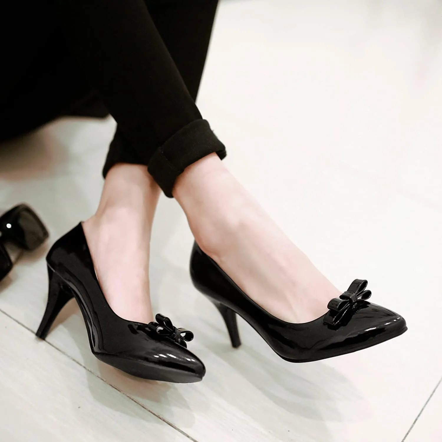 MOOMMO Sexy Pointed Toe Stiletto Heels Bow for Women Slip On Patent Leather Pumps Bow Knot Cute 3 Inch Mid Heel Dress Shoes Wedding Bridal Evening Party Stilettos Sandals Comfort Chic 4-11 M US