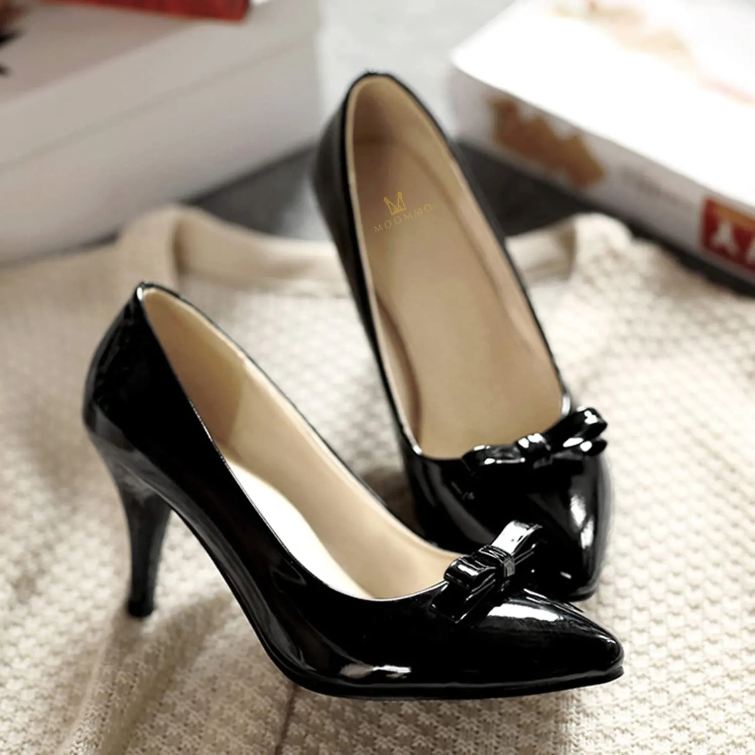 MOOMMO Sexy Pointed Toe Stiletto Heels Bow for Women Slip On Patent Leather Pumps Bow Knot Cute 3 Inch Mid Heel Dress Shoes Wedding Bridal Evening Party Stilettos Sandals Comfort Chic 4-11 M US
