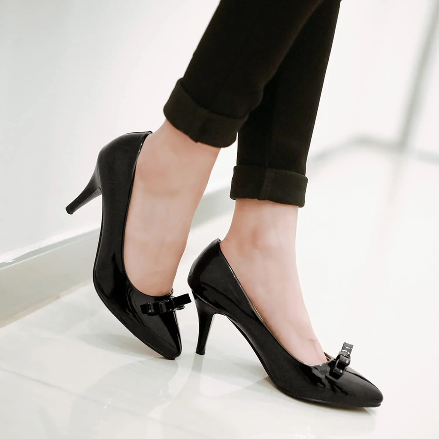 MOOMMO Sexy Pointed Toe Stiletto Heels Bow for Women Slip On Patent Leather Pumps Bow Knot Cute 3 Inch Mid Heel Dress Shoes Wedding Bridal Evening Party Stilettos Sandals Comfort Chic 4-11 M US