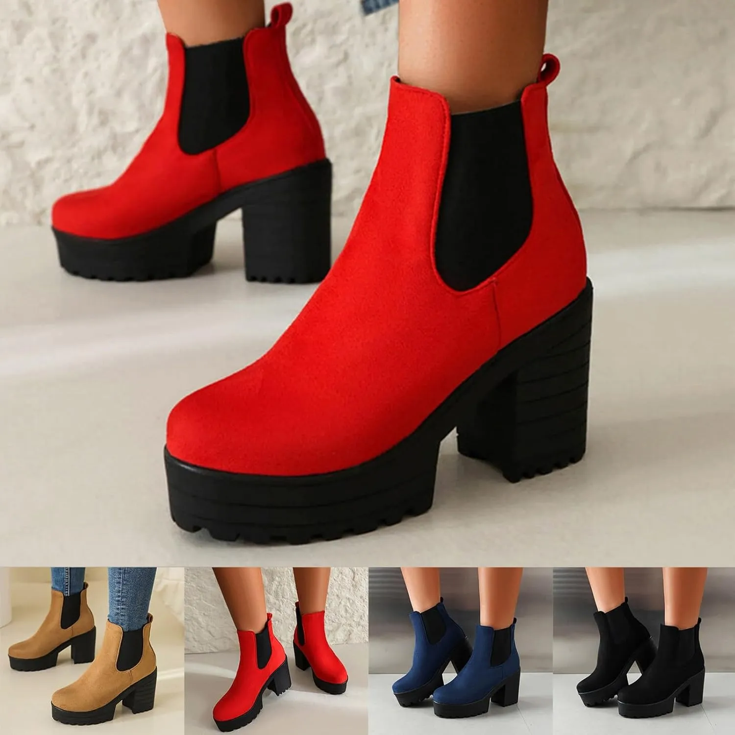 Platform Ankle Boots for Women,Womens Ankle Boots Elastic Chelsea Boots Round Toe Chunky Block Heel Booties Slip on Fall Short Boots Casual Comfortable Lug Sole Non Slip Walking Boots