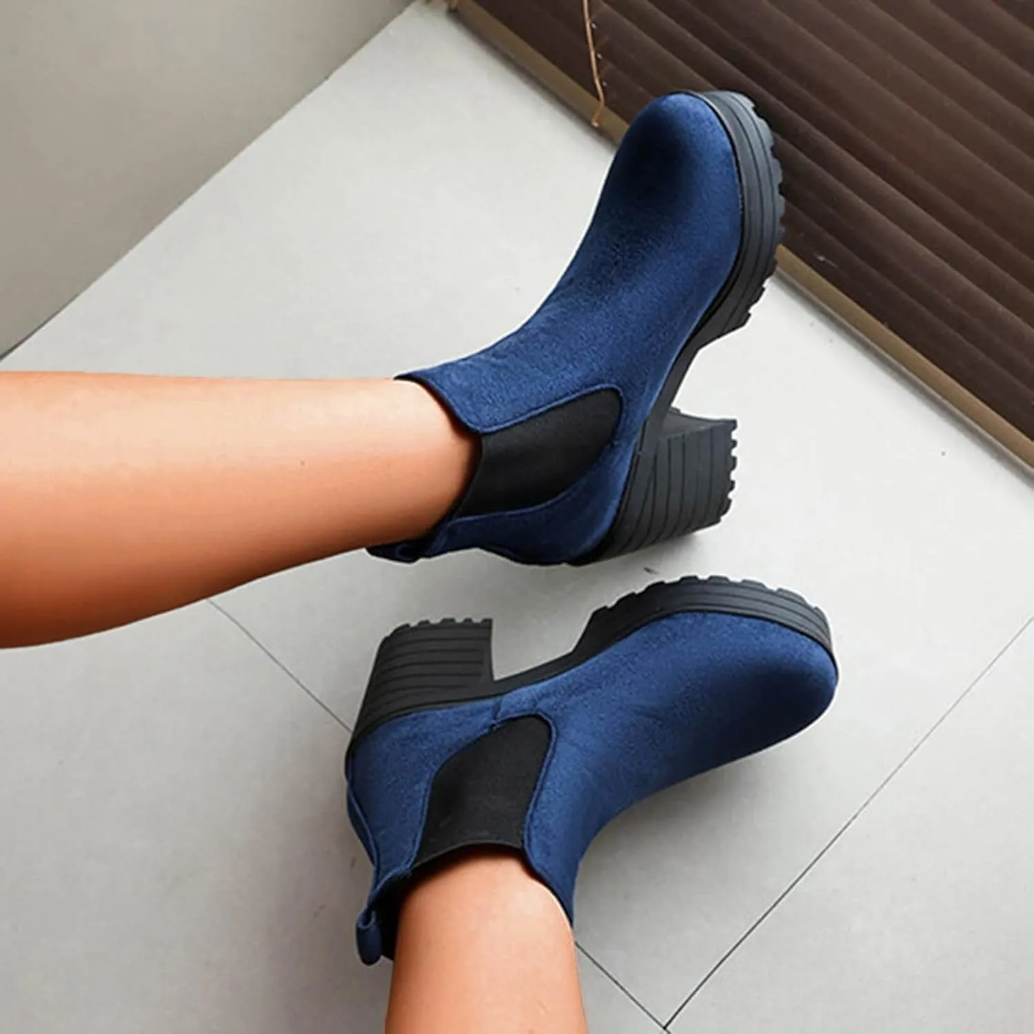 Platform Ankle Boots for Women,Womens Ankle Boots Elastic Chelsea Boots Round Toe Chunky Block Heel Booties Slip on Fall Short Boots Casual Comfortable Lug Sole Non Slip Walking Boots