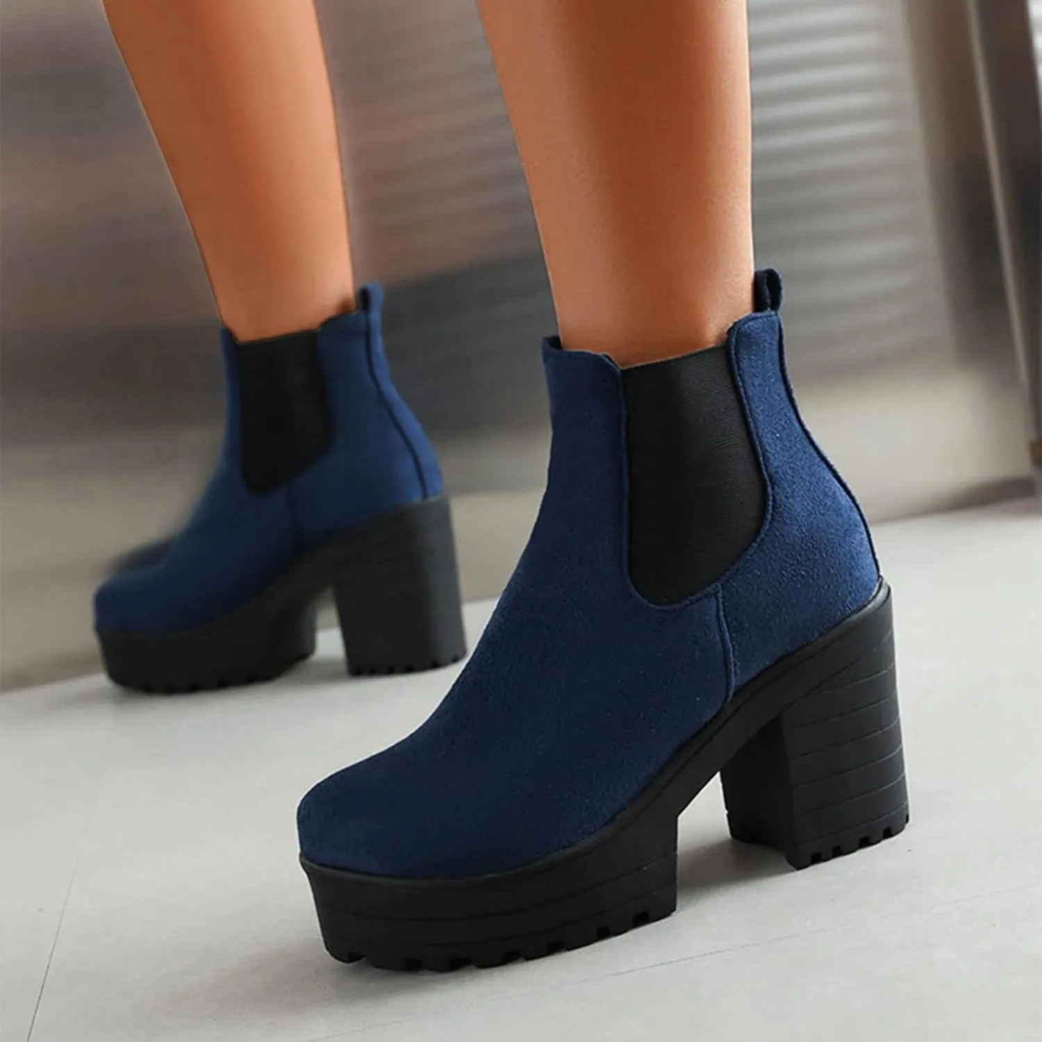 Platform Ankle Boots for Women,Womens Ankle Boots Elastic Chelsea Boots Round Toe Chunky Block Heel Booties Slip on Fall Short Boots Casual Comfortable Lug Sole Non Slip Walking Boots