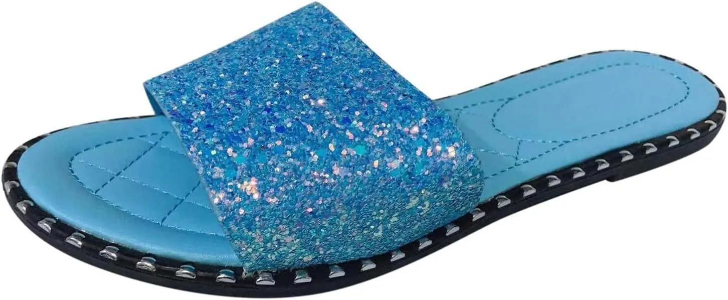 SACFOF Women Flat Sandals Summer Sequins Glitter Dressy Beach Slip on Sandals Casual Open Toe Outdoor Flat Slippers Sandals