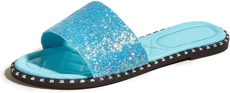 SACFOF Women Flat Sandals Summer Sequins Glitter Dressy Beach Slip on Sandals Casual Open Toe Outdoor Flat Slippers Sandals