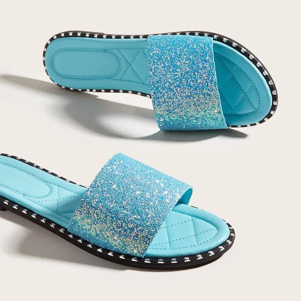 SACFOF Women Flat Sandals Summer Sequins Glitter Dressy Beach Slip on Sandals Casual Open Toe Outdoor Flat Slippers Sandals