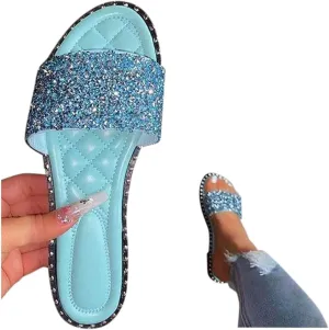 SACFOF Women Flat Sandals Summer Sequins Glitter Dressy Beach Slip on Sandals Casual Open Toe Outdoor Flat Slippers Sandals