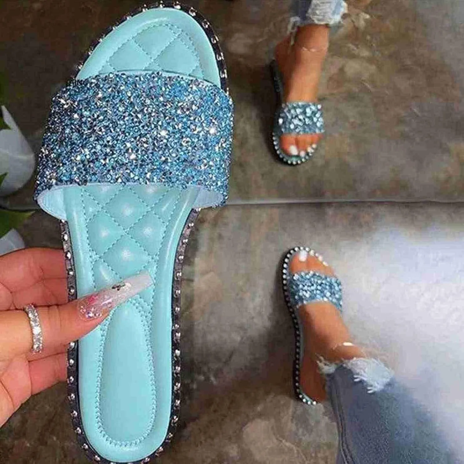 SACFOF Women Flat Sandals Summer Sequins Glitter Dressy Beach Slip on Sandals Casual Open Toe Outdoor Flat Slippers Sandals