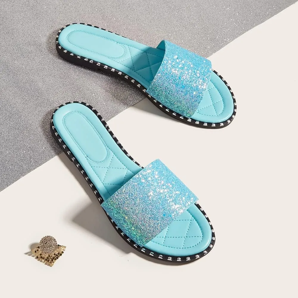 SACFOF Women Flat Sandals Summer Sequins Glitter Dressy Beach Slip on Sandals Casual Open Toe Outdoor Flat Slippers Sandals
