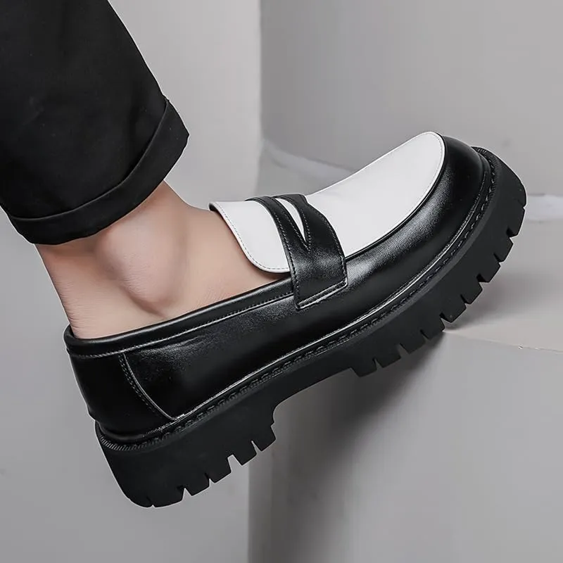 Shoes Men's Retro Thick-Soled Slip-on Loafers Fashionable Round-Toe Spliced ​​Oxford Shoes for Travel Shopping Driving Men Versatile Casual Shoes