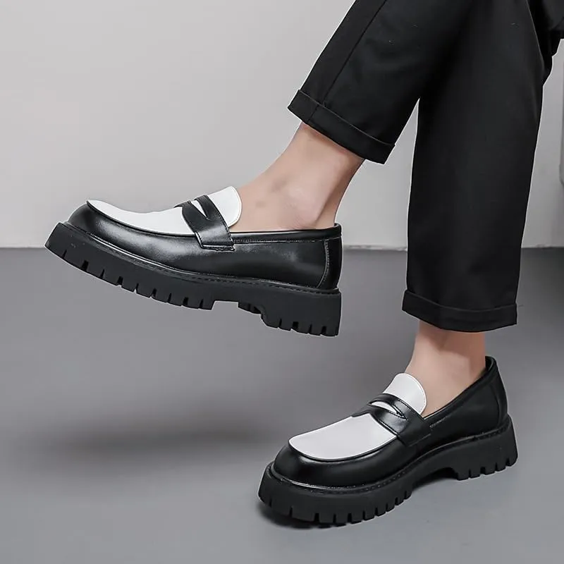 Shoes Men's Retro Thick-Soled Slip-on Loafers Fashionable Round-Toe Spliced ​​Oxford Shoes for Travel Shopping Driving Men Versatile Casual Shoes