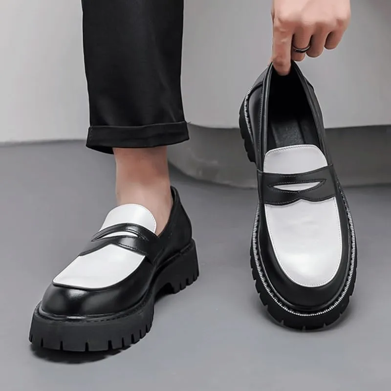 Shoes Men's Retro Thick-Soled Slip-on Loafers Fashionable Round-Toe Spliced ​​Oxford Shoes for Travel Shopping Driving Men Versatile Casual Shoes