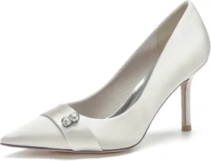 Women's Bridal Shoes Closed Toe 3.35" Stiletto Heel Lace Satin Pumps Evening Wedding Heels,Ivory,5