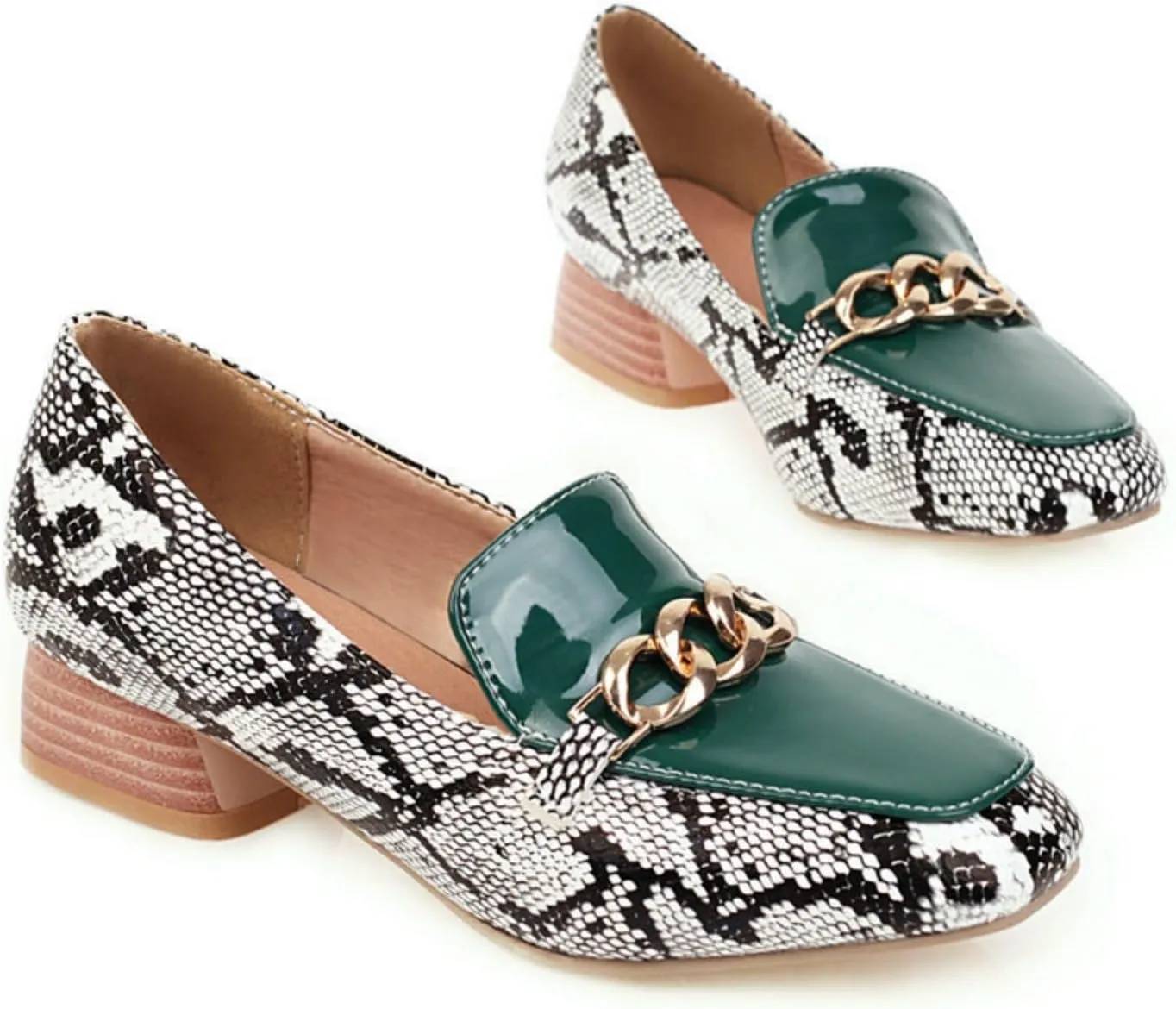 Women's Fashion Snakeskin Print Low Block Chunky Heel Shoes Square Closed Toe Patchwork Casual Loafers Office Formal Business Dress Pumps