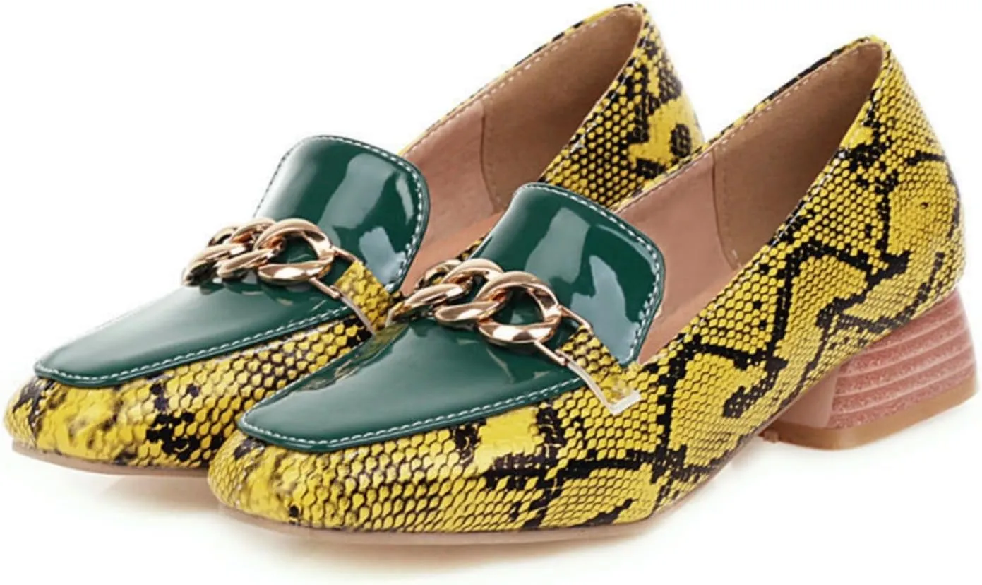Women's Fashion Snakeskin Print Low Block Chunky Heel Shoes Square Closed Toe Patchwork Casual Loafers Office Formal Business Dress Pumps
