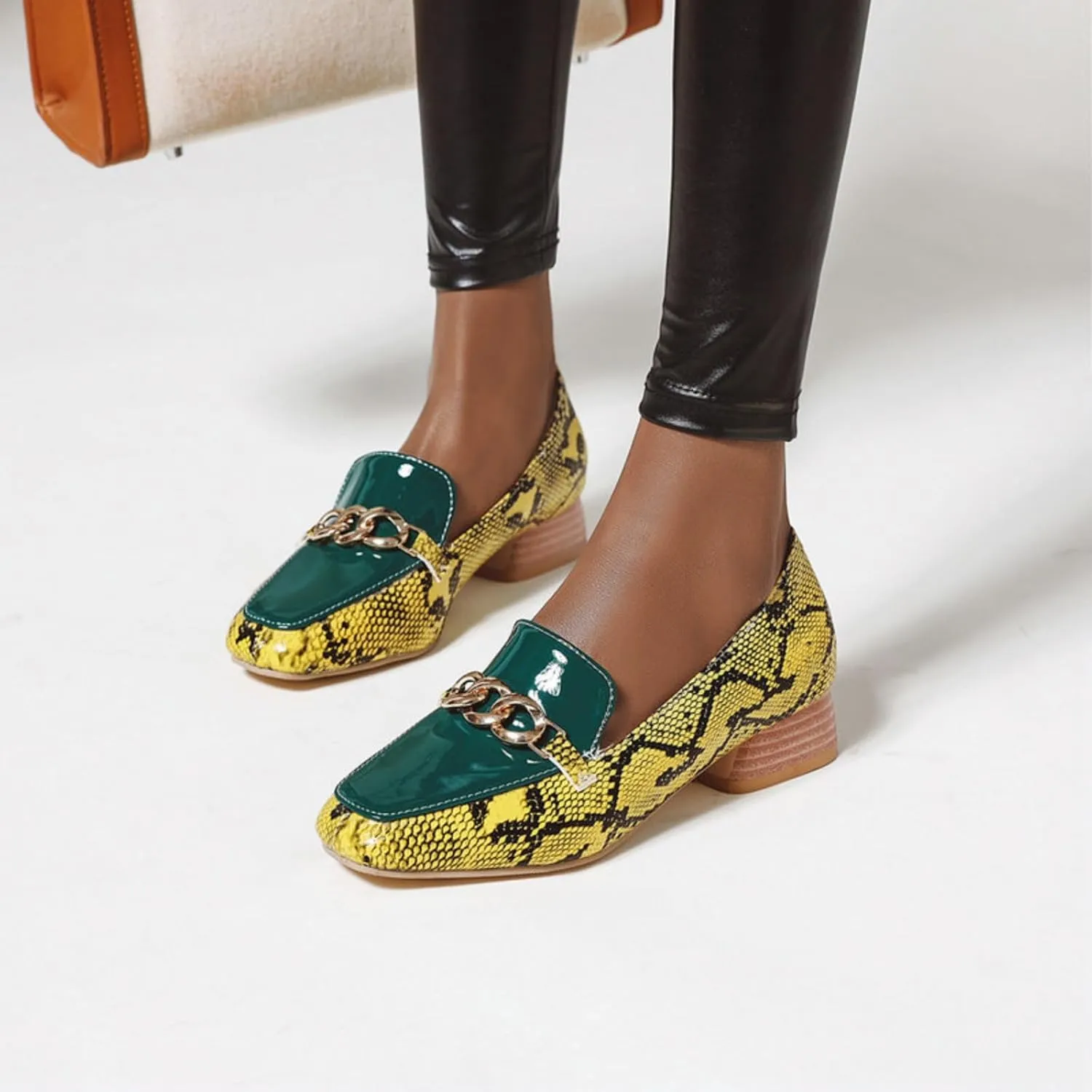Women's Fashion Snakeskin Print Low Block Chunky Heel Shoes Square Closed Toe Patchwork Casual Loafers Office Formal Business Dress Pumps