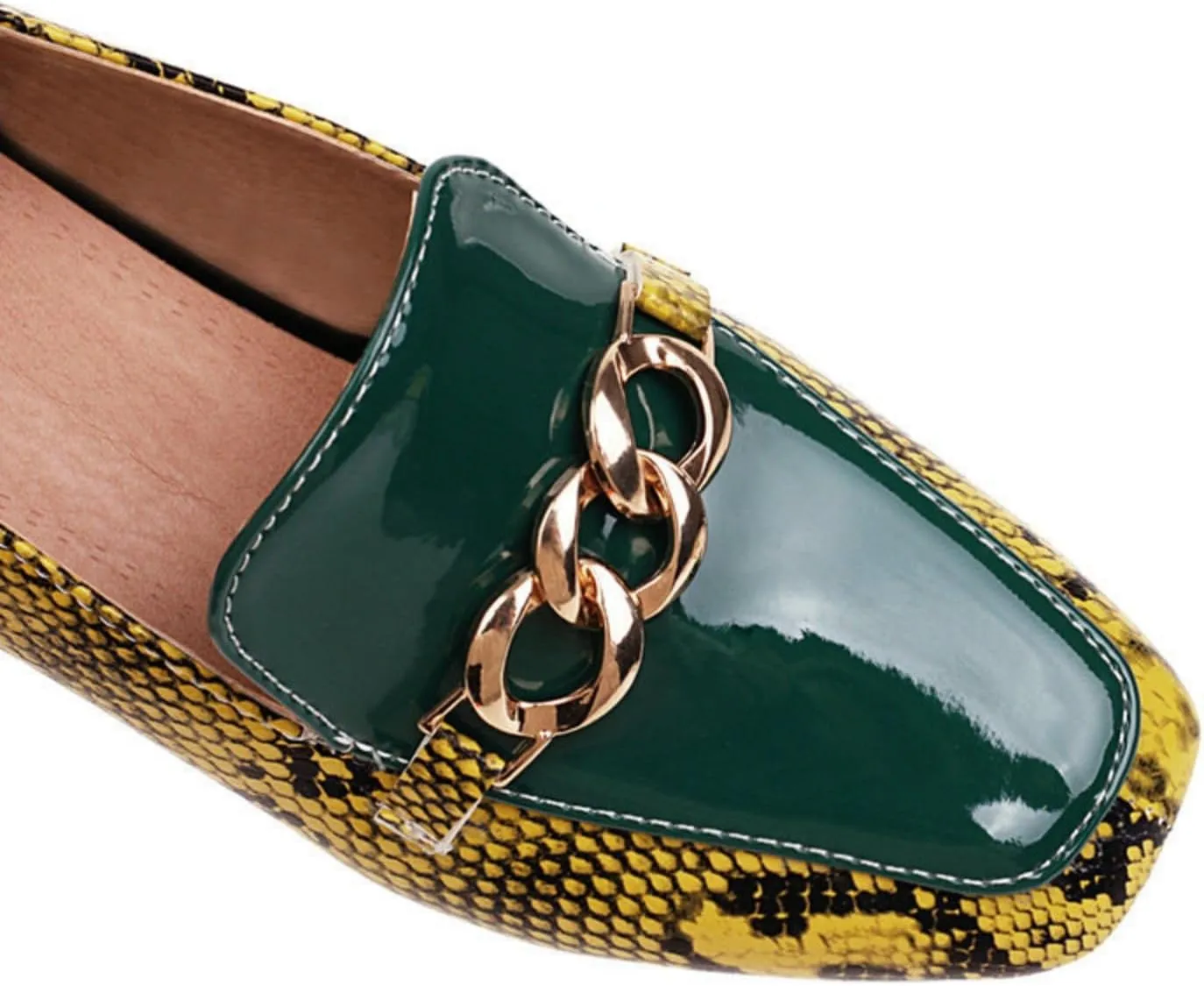 Women's Fashion Snakeskin Print Low Block Chunky Heel Shoes Square Closed Toe Patchwork Casual Loafers Office Formal Business Dress Pumps