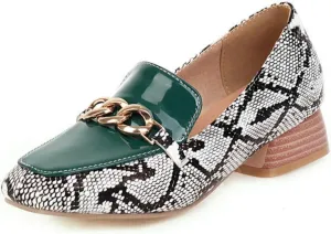 Women's Fashion Snakeskin Print Low Block Chunky Heel Shoes Square Closed Toe Patchwork Casual Loafers Office Formal Business Dress Pumps