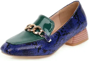 Women's Fashion Snakeskin Print Low Block Chunky Heel Shoes Square Closed Toe Patchwork Casual Loafers Office Formal Business Dress Pumps
