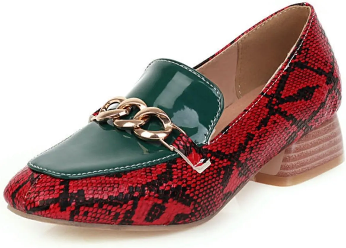 Women's Fashion Snakeskin Print Low Block Chunky Heel Shoes Square Closed Toe Patchwork Casual Loafers Office Formal Business Dress Pumps