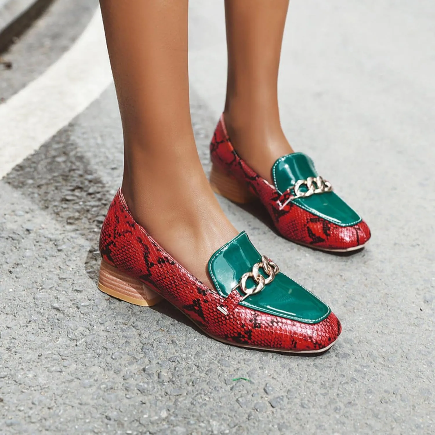 Women's Fashion Snakeskin Print Low Block Chunky Heel Shoes Square Closed Toe Patchwork Casual Loafers Office Formal Business Dress Pumps