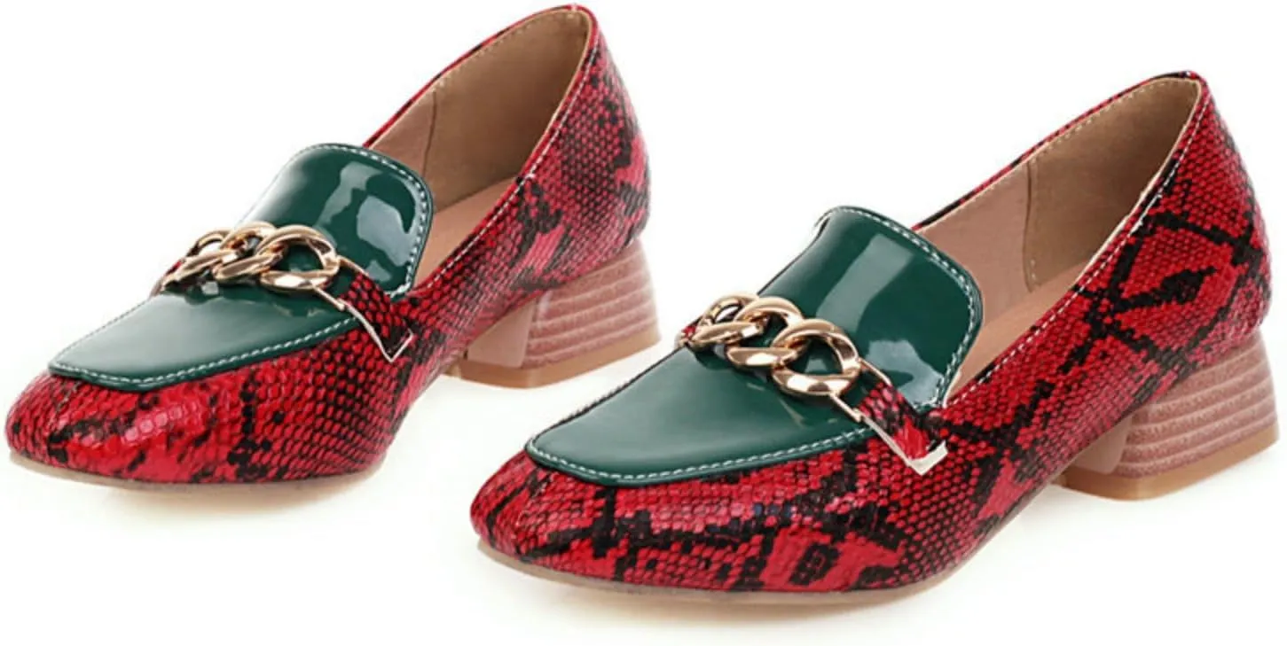 Women's Fashion Snakeskin Print Low Block Chunky Heel Shoes Square Closed Toe Patchwork Casual Loafers Office Formal Business Dress Pumps