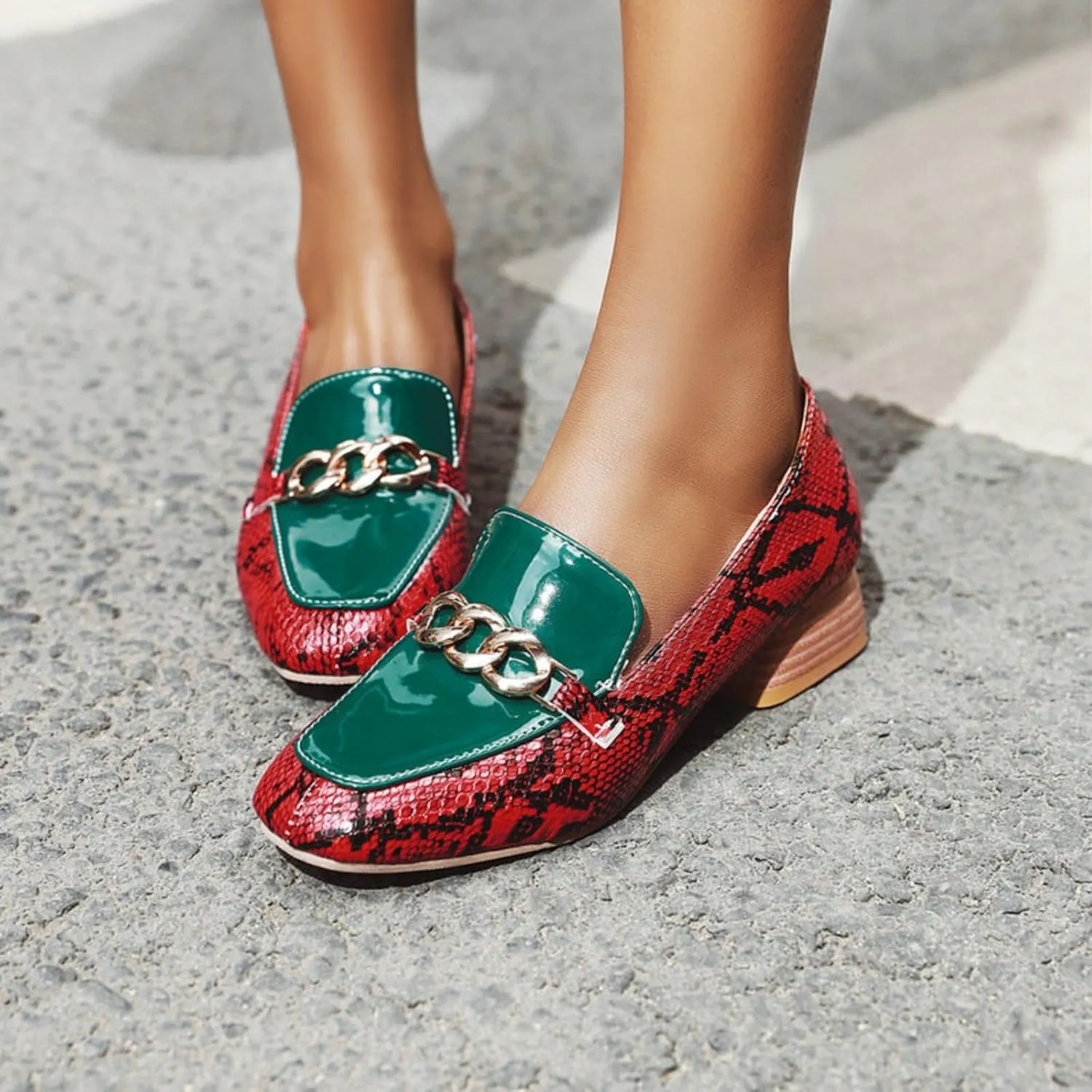 Women's Fashion Snakeskin Print Low Block Chunky Heel Shoes Square Closed Toe Patchwork Casual Loafers Office Formal Business Dress Pumps