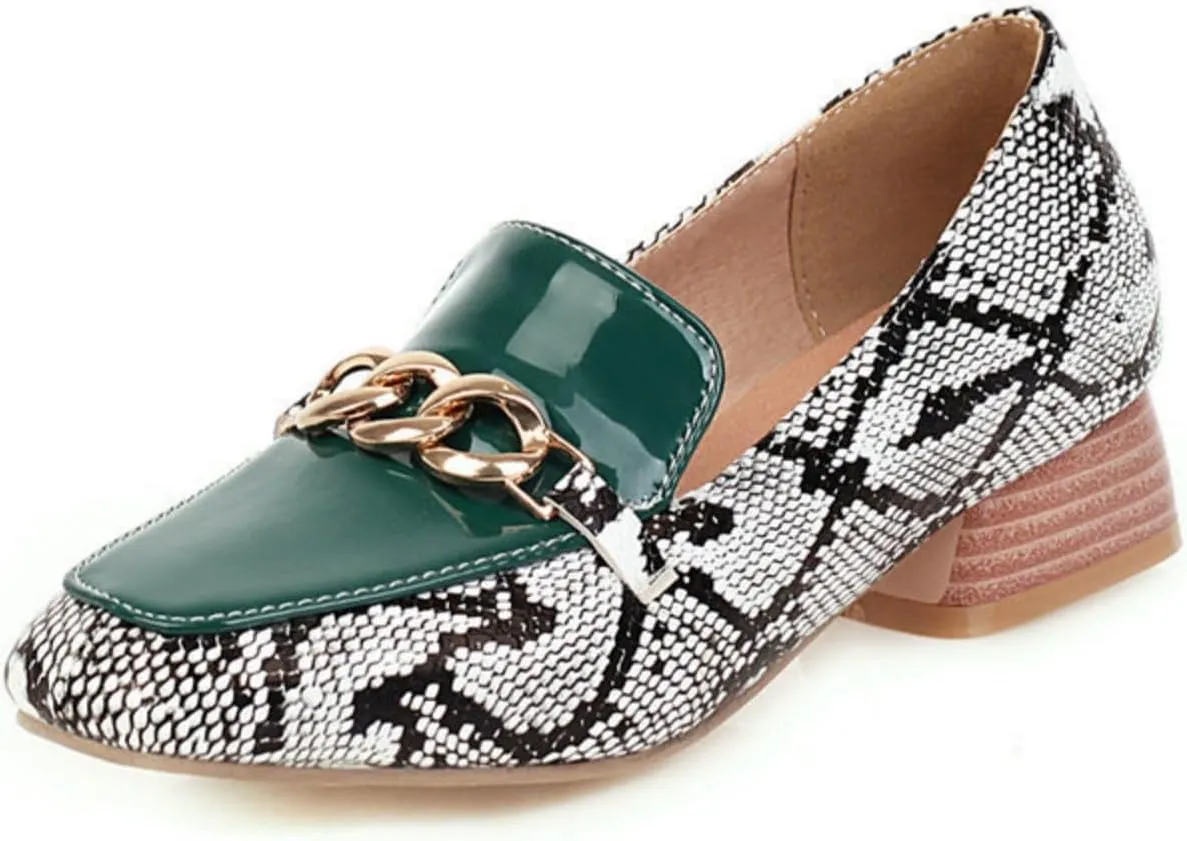 Women's Fashion Snakeskin Print Low Block Chunky Heel Shoes Square Closed Toe Patchwork Casual Loafers Office Formal Business Dress Pumps