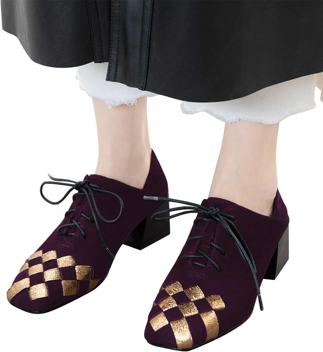 YDN Women Retro Lace Up Loafer Pumps Chunky Block Low Heel Cutout Square Closed Toe Patchwork Comfy Ladies Fall Shoes
