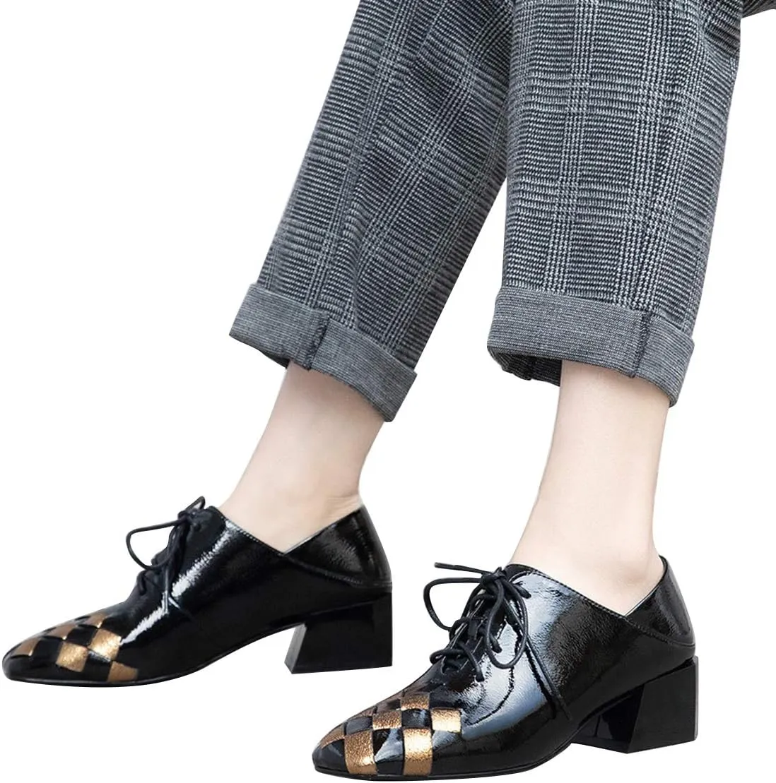 YDN Women Retro Lace Up Loafer Pumps Chunky Block Low Heel Cutout Square Closed Toe Patchwork Comfy Ladies Fall Shoes